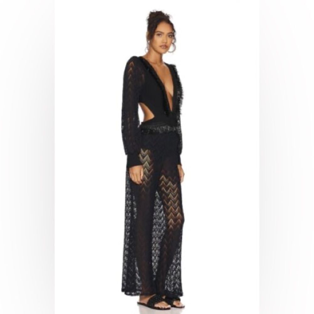 Patbo Xalessandra Ambrosio Fringe Trim Cutout Jumpsuit In Black/Sizel